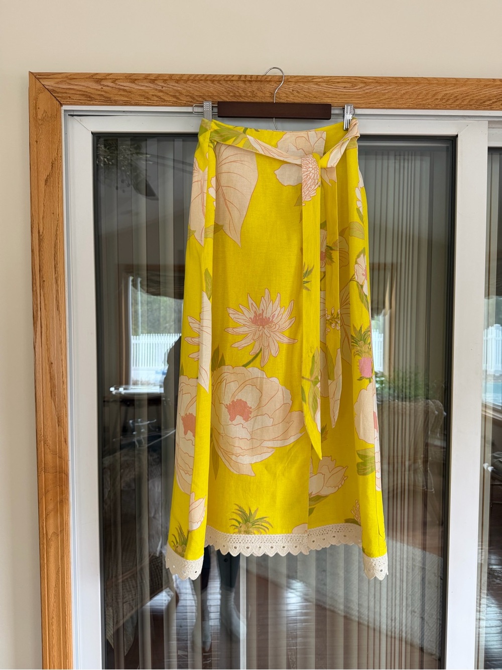 NWT FARM Rio for Anthropologie Bright Yellow Linen Wrap Skirt with Cream + Pink